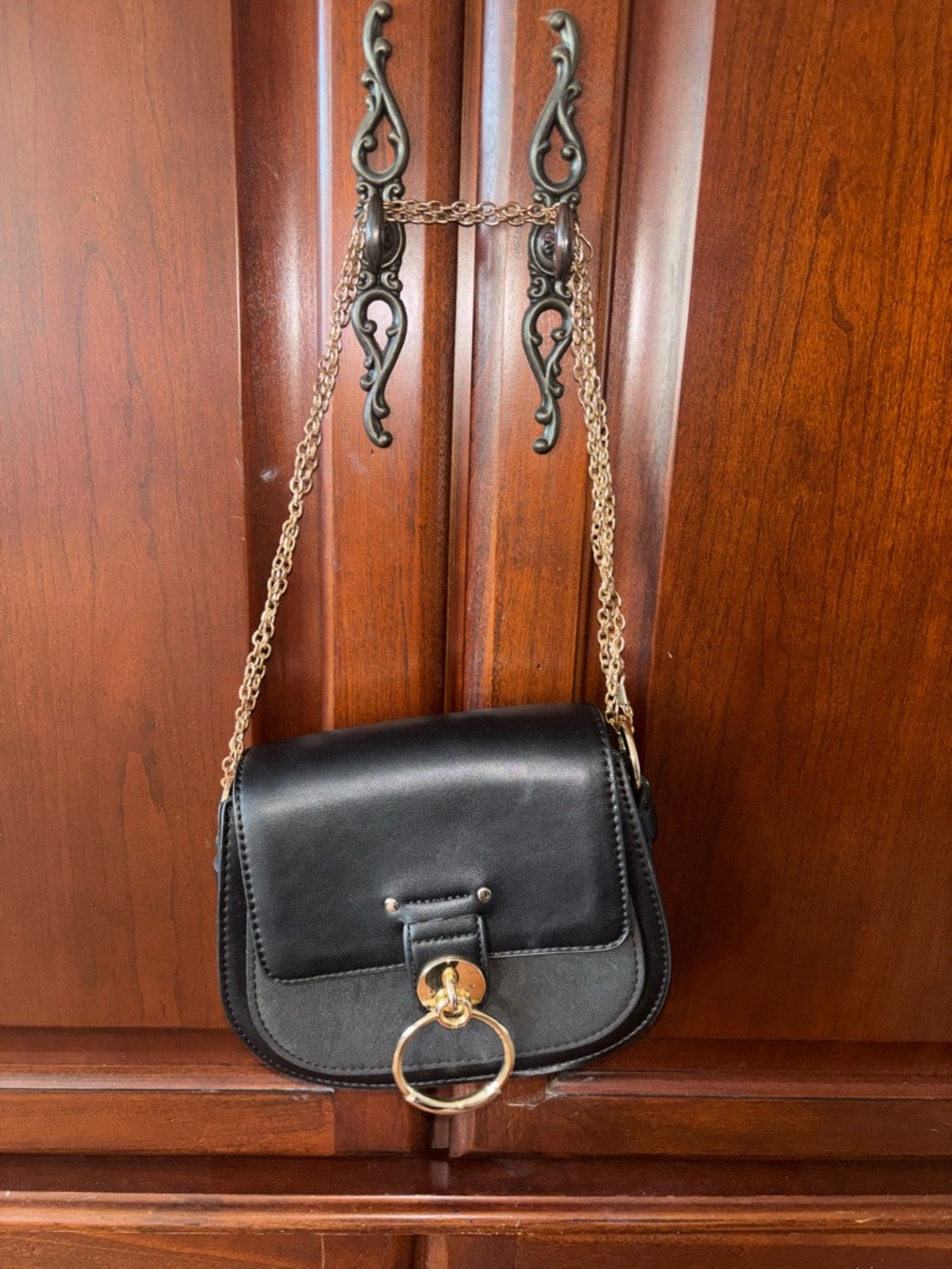 Aldo Black Crossbody Bag with Gold Ring and Chain